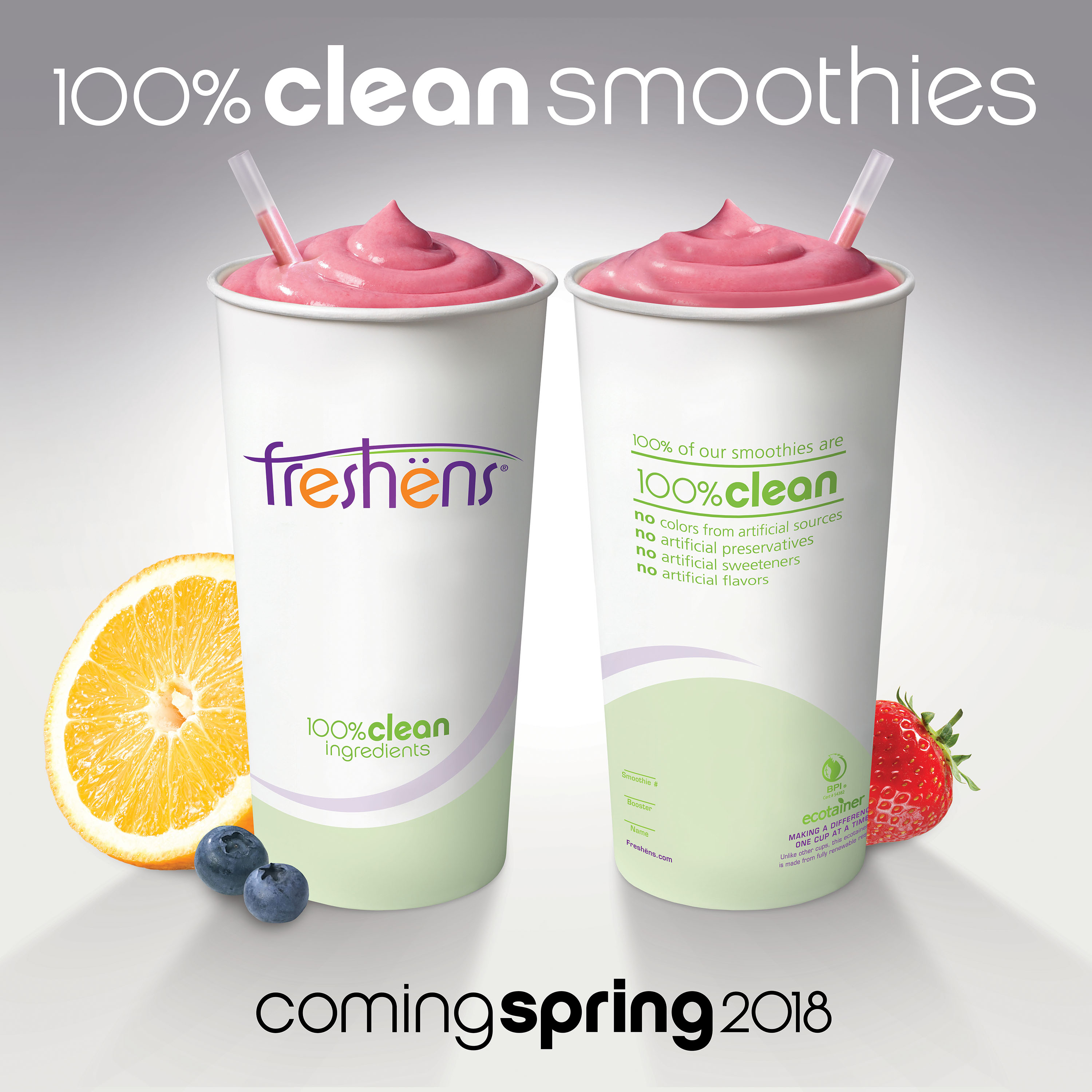 100% of Freshens Smoothies will be 100% Clean This Spring! No artificial preservatives, sweeteners, flavors, or colors from artificial sources. 100% Gluten Friendly, 100% Non-GMO Fruits & Vegetables, 100% Vegan Raw Sugar, 100% Free from Growth Hormones